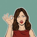 Pop Art Brunette Woman Winking with OK Gesture Royalty Free Stock Photo